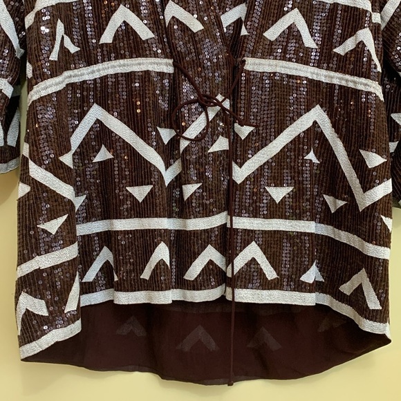 Vintage Fully Sequined Silk Brown White Aztec Design Surplice Tunic Dress XS - Picture 7 of 17